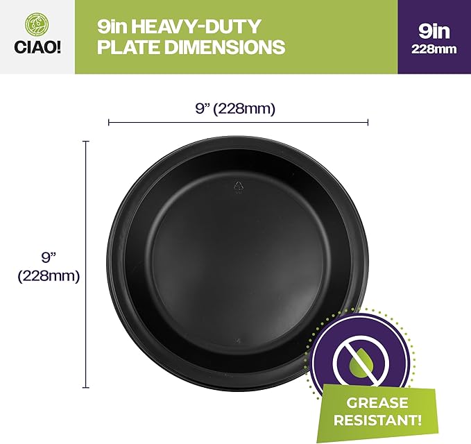 CIAO! 9" Black Heavy Weight Plastic Plate Mineral Filled Polypropylene MFPP (Case of 400)