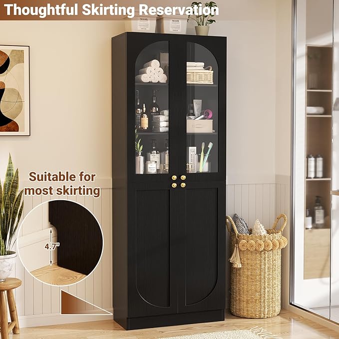 Cyclysio 80" Kitchen Pantry Cabinet, Tall Arch Storage Cabinet with Glass Doors, Freestanding Wood Floor Cupboard Bookcase with Seamless Fit Wall for Dining Room, Living Room, Bathroom (Black)