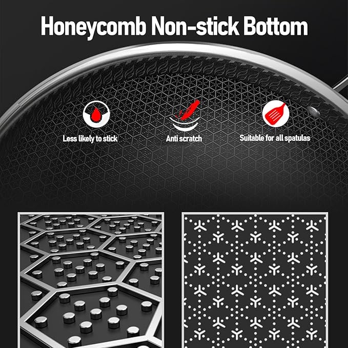 Stainless Steel Wok Pan, Nonstick Frying Pan Honeycomb Stir Fry Skillet with Lid, Compatible with Induction Cooker Gas Range, Dishwasher Safe (30cm)