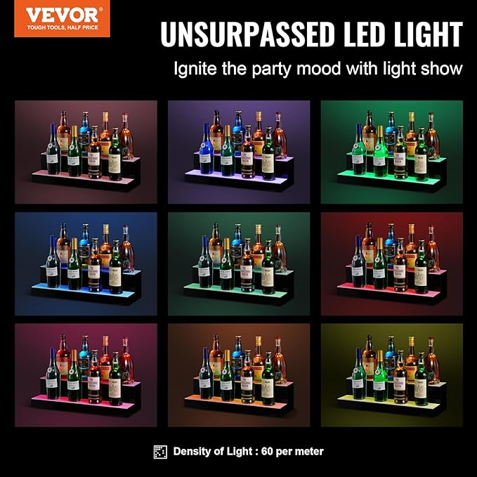 VEVOR LED Lighted Liquor Bottle Display, 2 Tiers 24 Inch Commercial Illuminated Home Bar Shelf, 2 Steps Whiskey Rack Stand, Acrylic Drink Shelves with RF Remote & App Control, and Multicolor Light