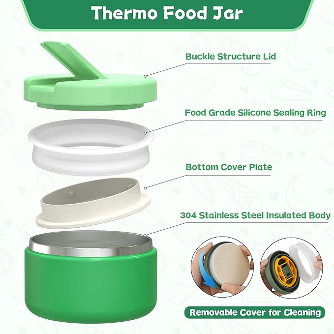 Aimsnk Kids Bento Lunch Box with 8oz Soup Thermo, Kids Leakproof Lunch Food Containers with 4 Compartment,Insulated Hot Food Jar with Lunch Bag for School, Travel (Green)
