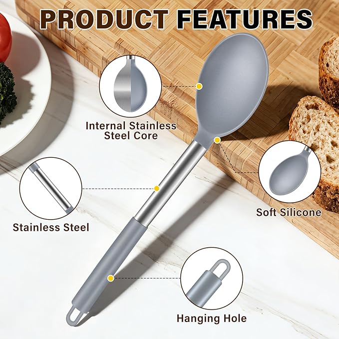 3Pcs Silicone Cooking Spoon Set, Kitchen Utensils Include Solid & Slotted Spoon, Soup Ladle, Food-Grade Heat Resistant 446째F, Non-Scratch Spoons for Serving, Stirring, Draining, Dishwasher Safe, Gray
