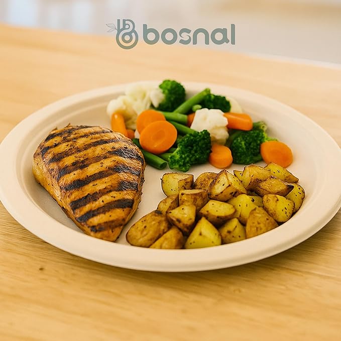 BOSNAL 10 inch & 7 inch Round Plates, 10 inch Oval Plates, 32 oz Bowls & 8 oz Cups with Lidss & Cutlery ??100% Plant-Based Bagasse, Eco-Friendly, Compostable, Microwave Safe, Durable Dinnerware Set