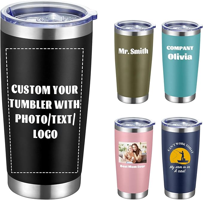 COMOOO Personalized 20oz Stainless Steel Tumbler with Lid, Insulated Tumbler Custom Gift with Text, Photo, Logo for Men, Women, Friends竊똁lack, 1 Pack