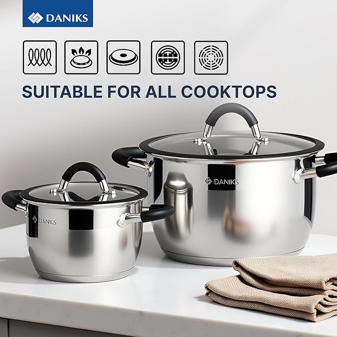 Daniks Orlando 11-Piece Stainless Steel Cookware Set with Glass Lids, Includes Saucepan and Frying Pan, Tri-Ply Bases for Even Heating, Induction Compatible, Dishwasher Safe, Heatproof Handles