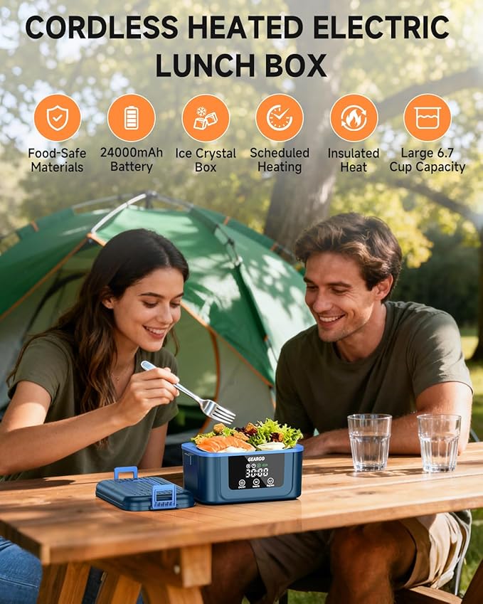 GEARGO ?윇?윃?윇?윍 ?릶?맗?맆?맜?릾?맃?맄?맃 Cordless Electric Lunch Box, 1.6L & 24000mAh Rechargeable Heated Lunch Box with Ice Crystal Box, 24 Hours Scheduled Self Heating Lunchbox For Work Men Women(Blue)