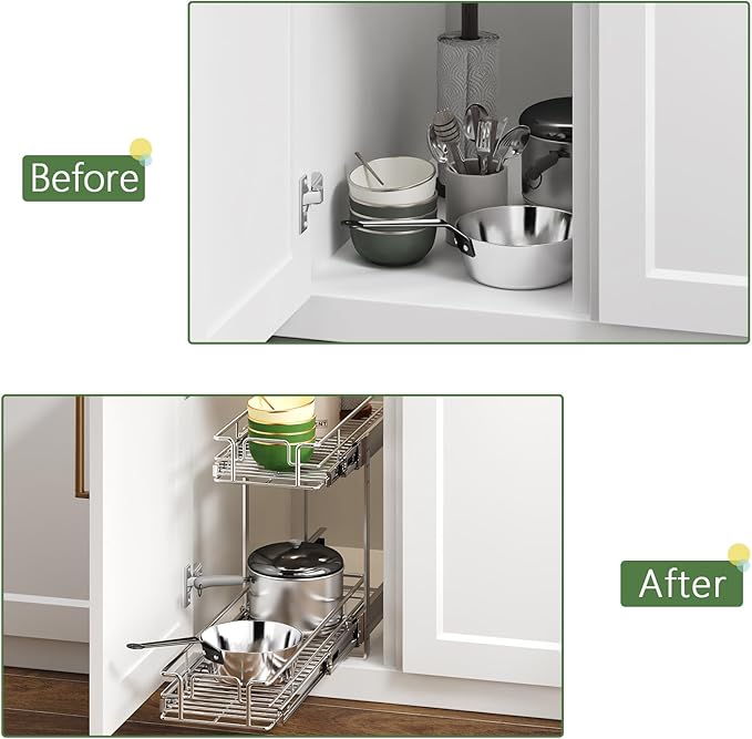 2 Tier Individual Pull Out Cabinet Organizer 9" W x 21쩍" D, Heavy Duty Cabinet Pull Out Shelves, Slide Out Drawers Organization for Kitchen Cabinets Bathroom