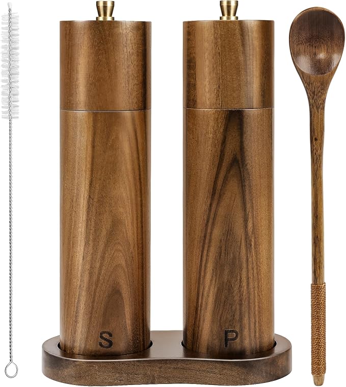 Wooden Salt and Pepper Grinder Set,8 Inch Manual Salt and Pepper Mill, Adjustable Coarseness and Refillable,Acacia Wood Pepper Grinder for your kitchen[Set of 2]