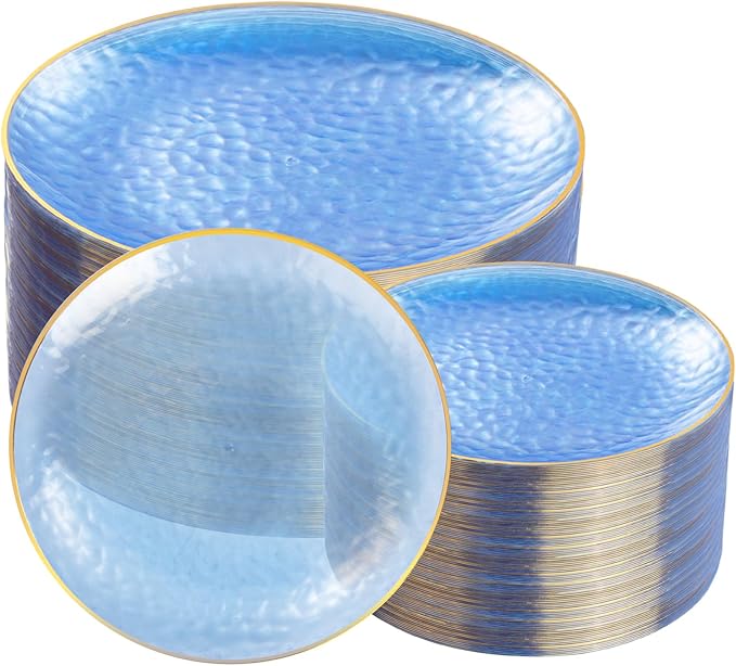 Rubtlamp 100Pcs Blue Gold Plastic Plates, Blue Disposable Plates With Gold Rim, Hammered Plastic Plates Include 50 Dessert Platos, 50 Dinner Platos for Party