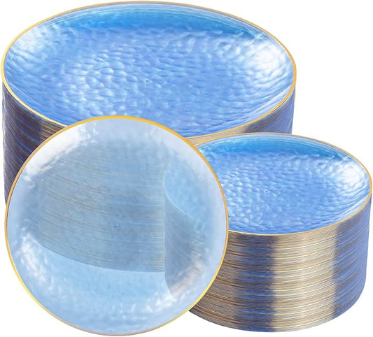 Rubtlamp 100Pcs Blue Gold Plastic Plates, Blue Disposable Plates With Gold Rim, Hammered Plastic Plates Include 50 Dessert Platos, 50 Dinner Platos for Party
