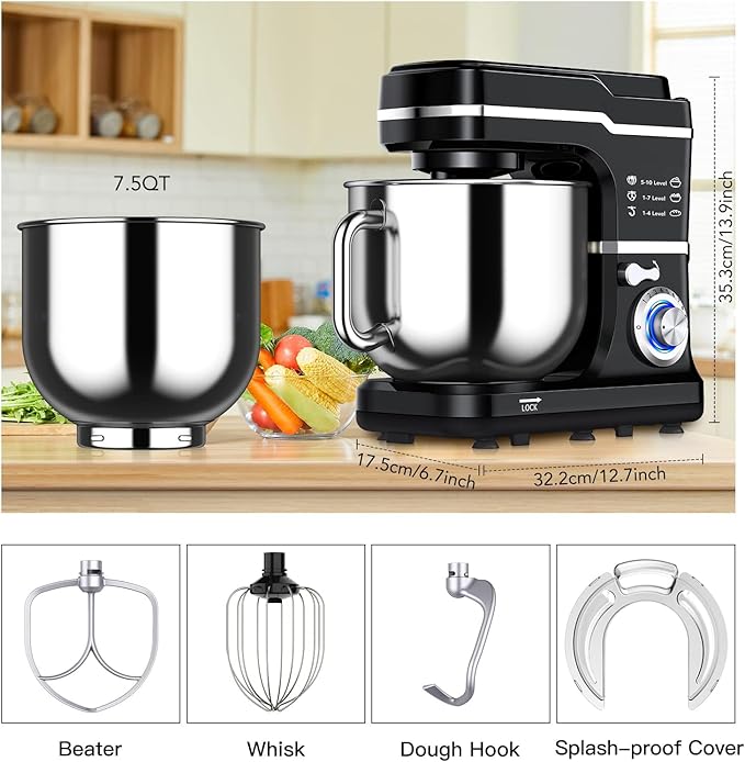 7.5 QT Stand Mixer, 10-Speed Tilt-Head Electric Dough Mixer with Stainless Steel Bowl, Includes Dough Hook, Wire Whisk, and Beater, with Splash Guard for Home Cooks, Black