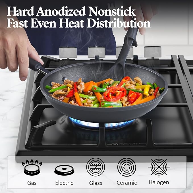 Cook N Home Nonstick Saute Fry Pan 9.5-inch Professional Hard Anodized Frying Pan, Dishwasher Safe with Stay-Cool Handles, Black