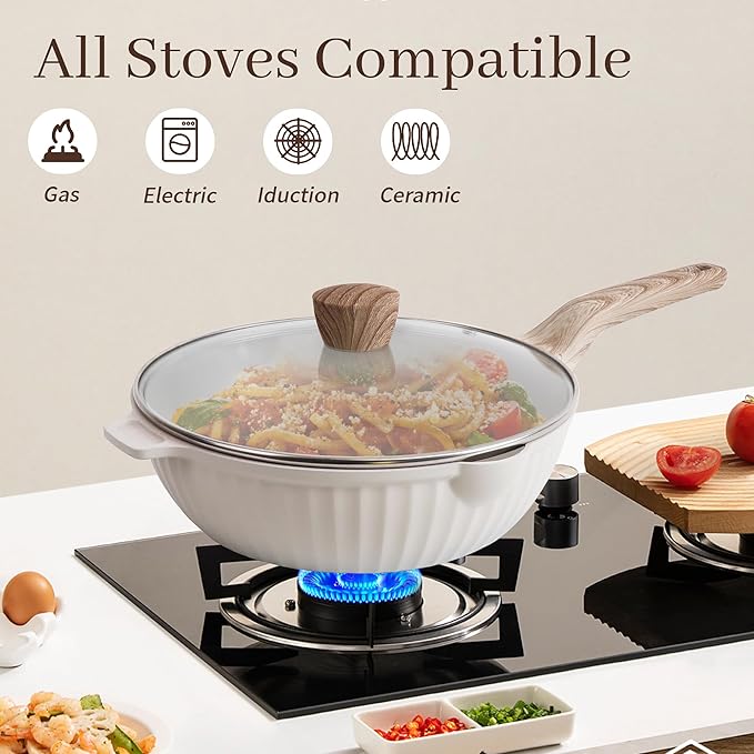 13-Piece Nonstick Pots and Pans Set ??Granite Stone Kitchen Cookware Set, PFOA-Free ??Includes Frying Pans, Saucepans, Saut챕 Pan ??Induction Compatible, White
