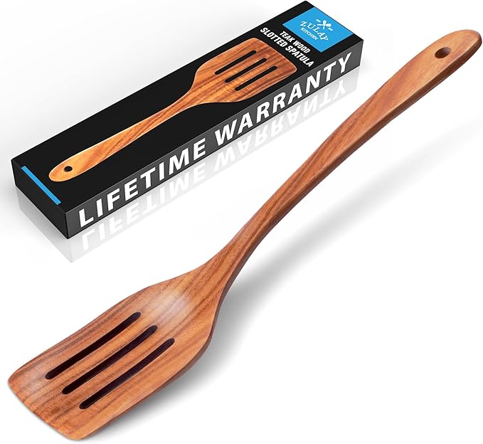 Zulay Kitchen Teak Wood Slotted Spatula ??Durable & Heat-Resistant Cooking Utensil for Non-Stick Pans ??Wooden Turner for Stirring, Flipping & Serving - Brown