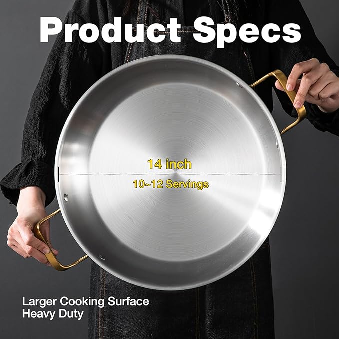 14 Inch Stainless Steel Paella Pan with Lid,Frying Pan, Tri-Ply Even Heating, Induction Ready & Dishwasher Safe ??Great for Camping, Parties, Family Gatherings