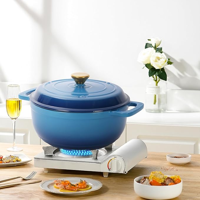 Dutch Oven Pot with Lid, 6 Quart Enameled Cast Iron Dutch Oven, Dual Handles, Kitchen Pots Oven Safe up to 500째F, Stovetop Compatible, Marinate, Cook, Bread Baking, Refrigerate & Serve, Blue