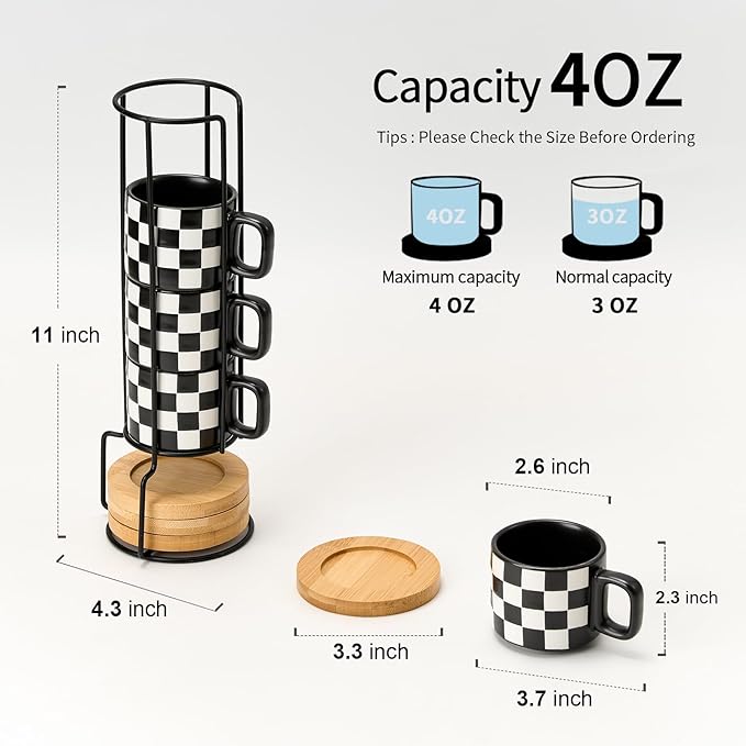 LUKA Porcelain Stackable Black and White Checkered Espresso Cups with Saucers and Metal Stand, 4 Ounce Small Ceramic Demitasse Cups Set for Coffee Drinks, Latte, Tea - Set of 4, Black Interior