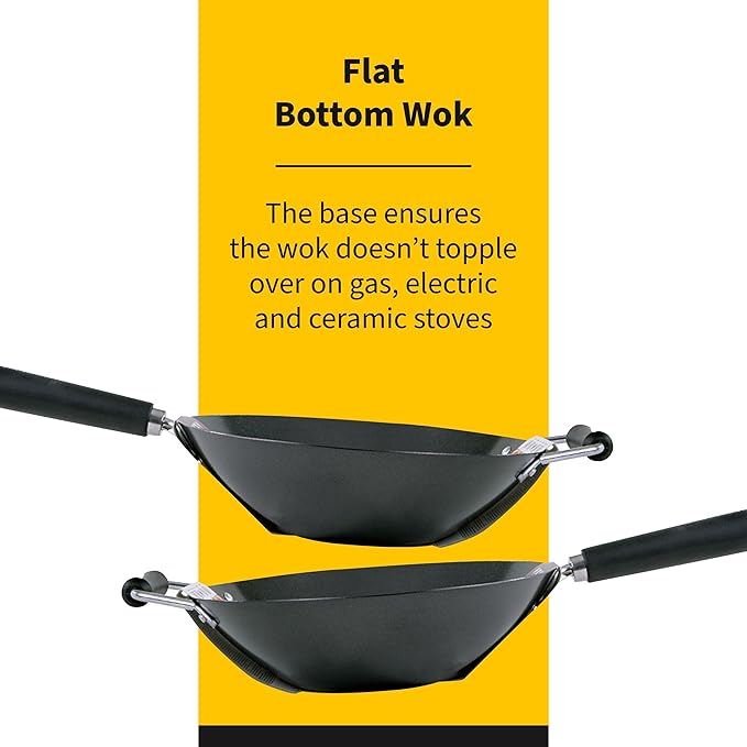 Ken Hom 12" Carbon Steel Nonstick Stir Fry Wok - Soft Touch Helper Handle and Lightweight Flat Bottom Design