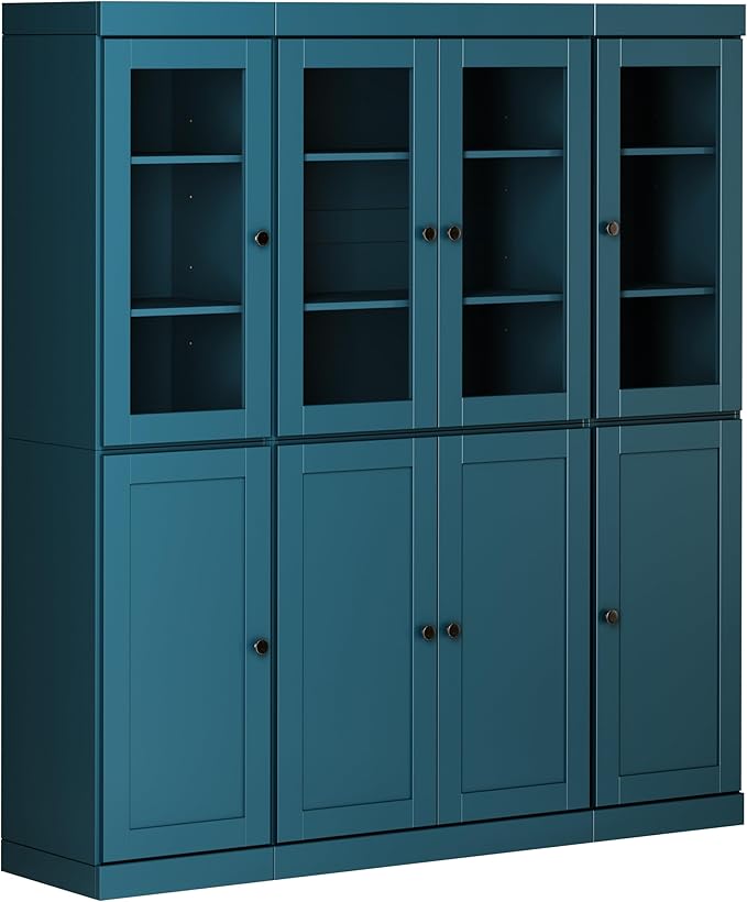 Palace Imports 100% Solid Wood Kitchen China Pantry Cabinet, 65" W - 4 Clear Glass & 4 Shaker Doors, Renewable Eco-Friendly Wood, Made in Brazil (Teal Blue, 8 China/Shaker Doors | 2 Drawers)