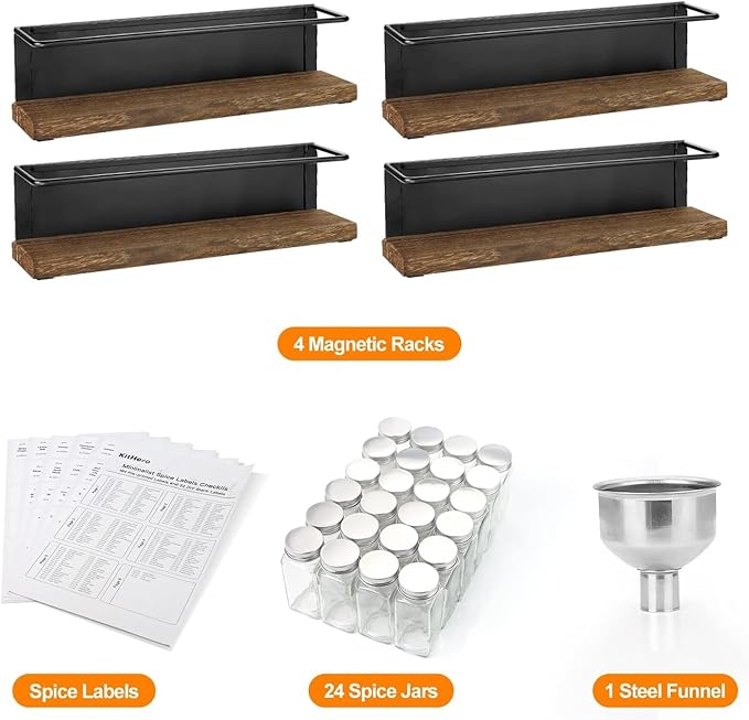 Magnetic Spice Rack with 24 Jars, 216 Labels, 1 Steel Funnel for Refrigerator竊똌icrowave Oven - Full Set of Spice Organizer