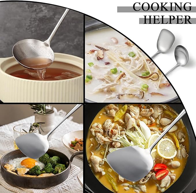 17??Wok Spatula & Ladle Set, Stainless Steel Wok Tools with Wooden Handle, Heat-Resistant Chinese Turner & Deep Soup Ladle, 2-Piece Wok Utensils for Stir-Fry, Wok Accessories