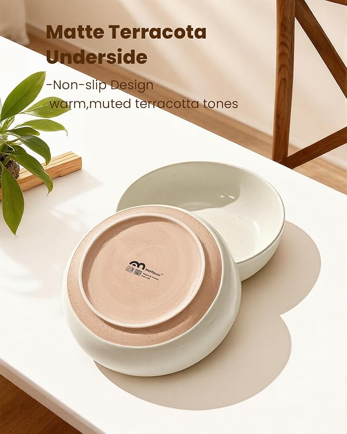 Pasta Bowls Set of 4, 34oz Speckled Ceramic Bowls Set for Serving Salad, Pasta, Soup, Dinner, 8" Wide and Deep Bowls, Dishwasher & Microwave Safe, Matte Terracotta Base (Warm White)