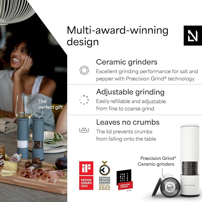 LARS NYS횠M Salt and Pepper Grinder Set Manual, Stainless Steel Salt and Pepper Mills with Adjustable Ceramic Grinder I Design Spice Shakers (Pure White)