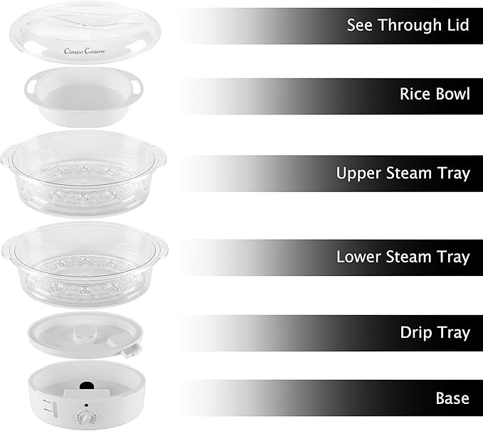 Vegetable Steamer Rice Cooker- 6.3 Quart Electric Steam Appliance with Timer for Healthy Fish, Eggs, Vegetables, Rice, Baby Food by Classic Cuisine, 11"D x 11"W x 12.25"H