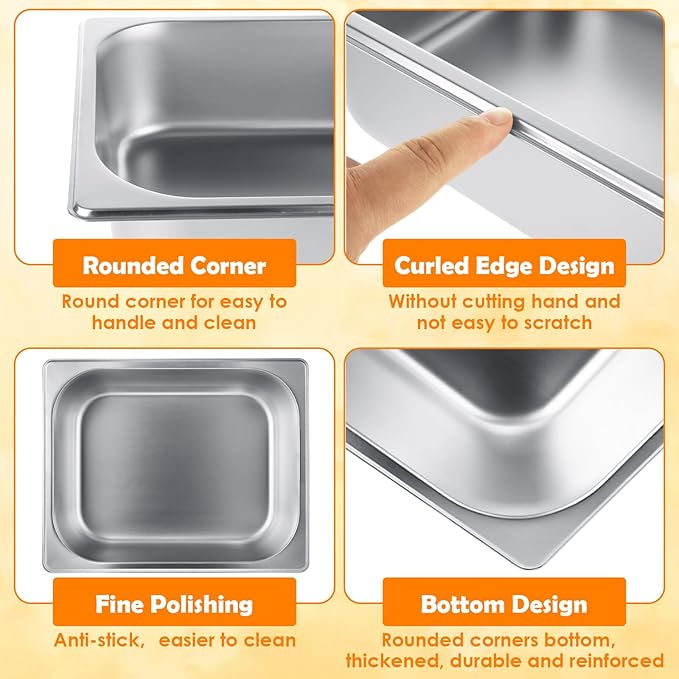 QTLCOHD 4 Pack 1/2 Half Size Hotel Pan with Lids, 4 Inch Deep Steam Table Pan with Lid, 12.8 x 10.4 Inch Stainless Steel Pans for Home, Party, Hotel, Buffet