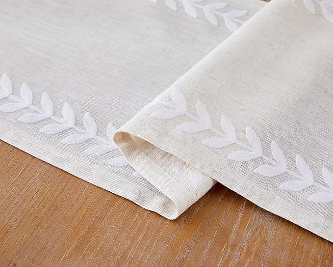 Wracra Embroidered Table Runner Irregular Willow Leaf Table Runners 36 Inches Long for Dresser Home Dining Table Decor,14 x 36 Inch, White