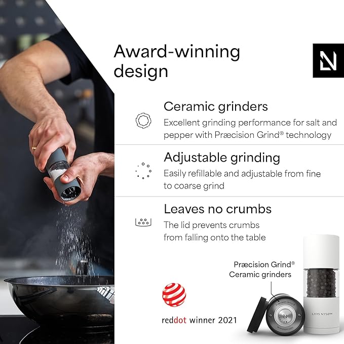 LARS NYS횠M Salt and Pepper Grinder Set, Manual Salt and Pepper Mills with Adjustable Ceramic Grinder, Design Spice Shaker Set (Black/White)