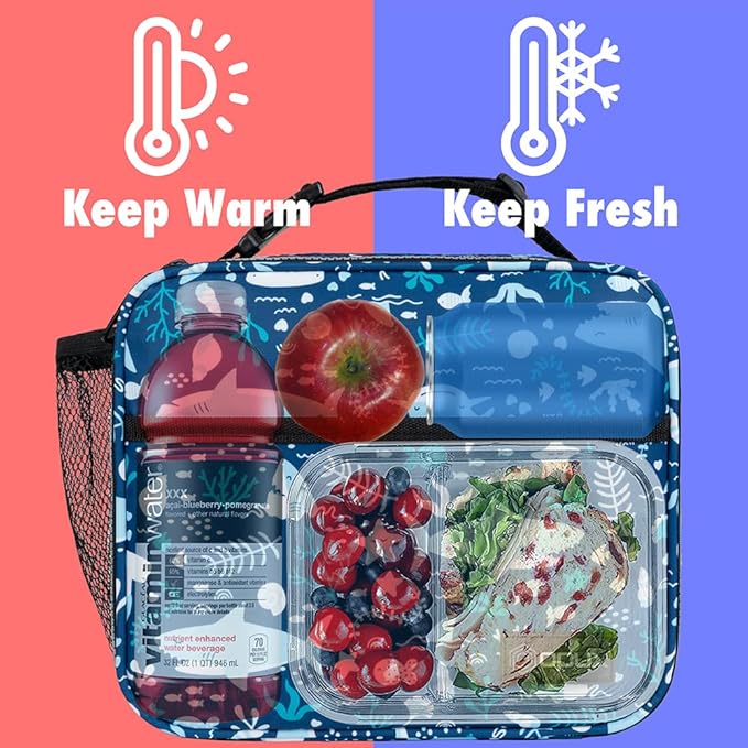 opux Insulated Lunch Bag Kids, Lunch Box for School Boy Girl, Leakproof Small Reusable Compact Soft Mini Cooler Bag, Toddler Small Lunch Boxes Kit Pail with Front Side Pockets (Blue Shark)
