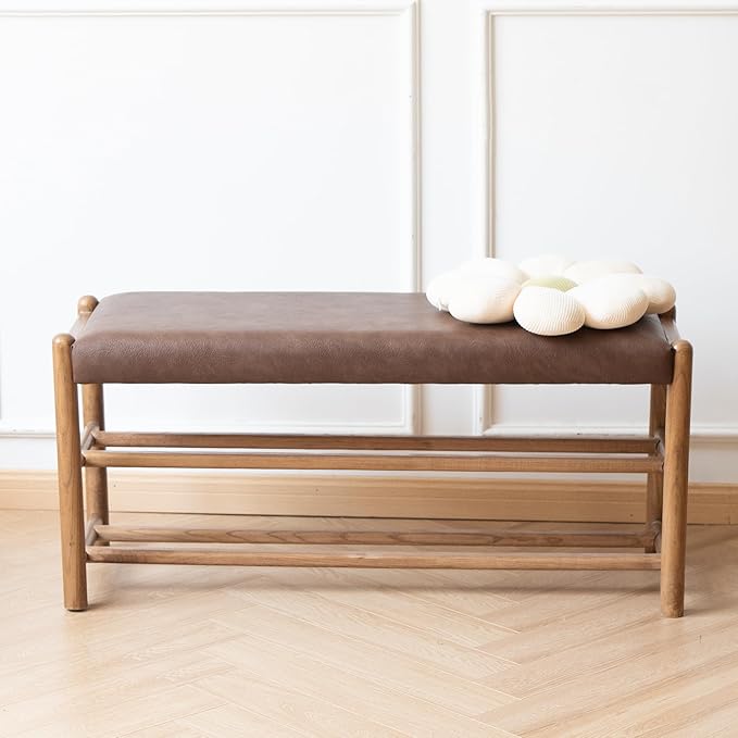 XINNAN Solid Wood Entryway Bench with Shoe Storage, Rustic Oak Wood and PU Leather 31.5 Inch Long Seating for Living and Dining Rooms, 3-Tier Brown