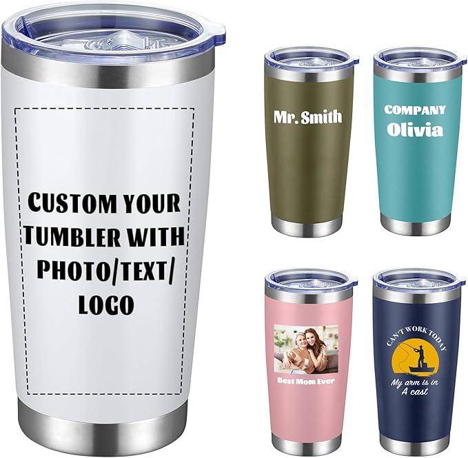 COMOOO Personalized 20oz Stainless Steel Tumbler with Lid, Insulated Tumbler Custom Gift with Text, Photo, Logo for Men, Women, Friends竊똚hite, 1 Pack
