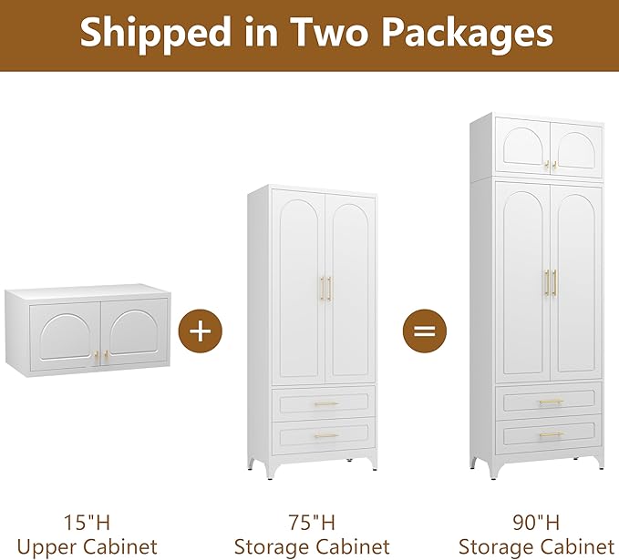 Kitchen Pantry Cabinet with 2 Drawers, 90" Tall Metal Storage Cabinets with Doors and Shelves, Food Cupboards for Dining, Living Room, 16" D x 32" W x 90" H, White, Assembly Required