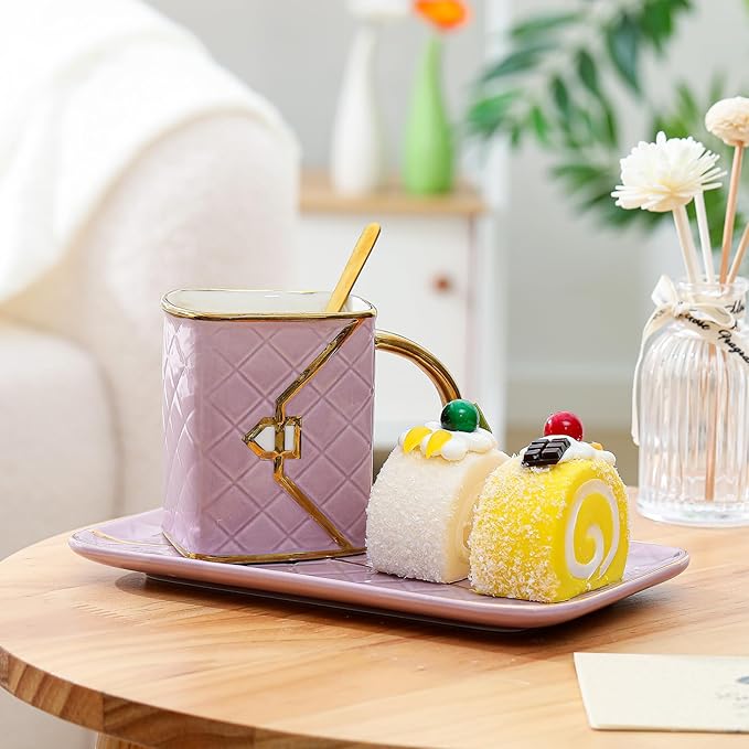 Zubebe 1 Set Coffee Mug Elegant Handbag Shaped Cup Valentine's Day Modern Ceramic Purse Mug with Spoon and Saucer, 10oz Cute Creative Tea Cup for Woman Girls Gift (Purple)