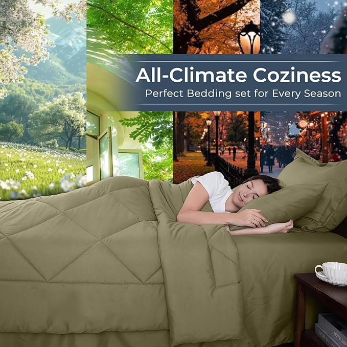 HEVUMYI Olive Green California King Comforter Set - 7-Piece All Season Bed in a Bag Cal King, Ultra Soft Bedding Set with Comforter, Flat Sheet, Fitted Sheet, Pillowcases, Pillow Shams