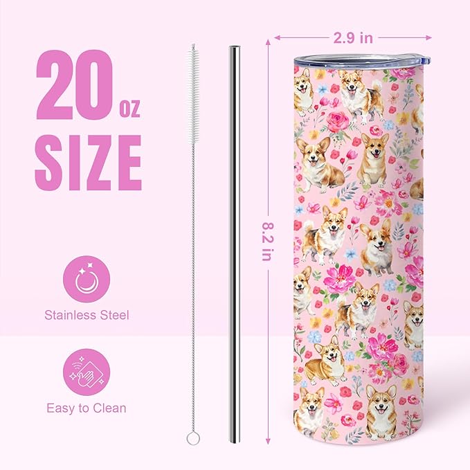 Yogusut Corgi Gifts for Women, 20oz Stainless Steel Insulated Tumbler Travel Mug Cup with Lid Straw Brush, Gifts for Dog Mom Dog Lover