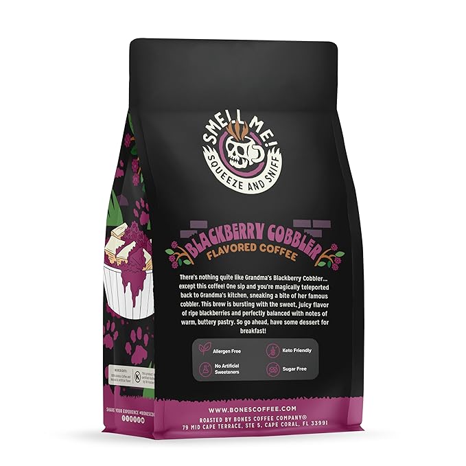 Bones Coffee Company Blackberry Cobbler Flavored Coffee Beans, Medium Roast Ground Coffee Low Acid, Blackberry Cobbler Flavor (12 oz)