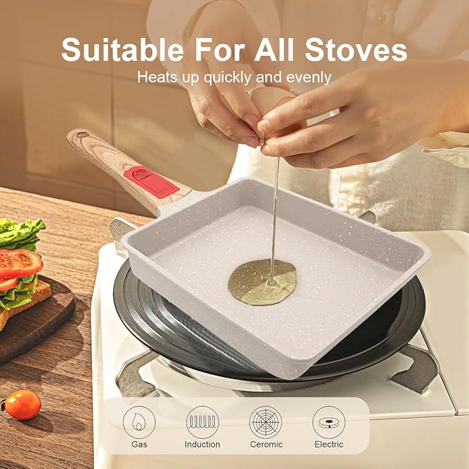 Nonstick Tamagoyaki Pan, Japanese Egg Omelette Pan Nonstick, Square Frying Pan with Detachable Handle, PFAS & PFOA-Free, Oven Safe, 7.5” x 6.3”