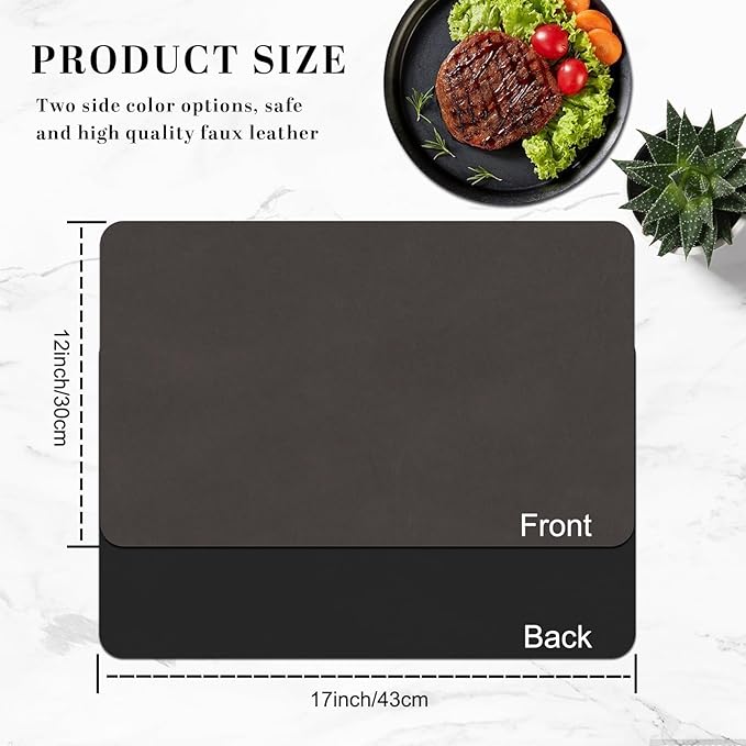 Faux Leather Placemats, Set of 4, 12''횞17' Textures on Both Sides, Heat-Resistant, Waterproof and Oil-Proof, Reversible Place Mats for Kitchen, Dining Table, Outdoor-Coffee&Black