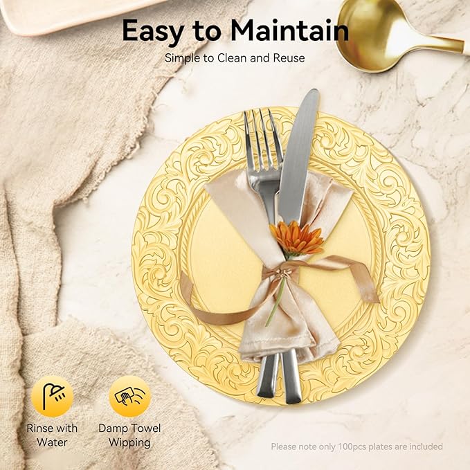 100pcs Gold Charger Plates, 13" Round Reusable Decorative Flower Relief Carving Bulk Chargers for Dinner Plates, Wedding, Bridal Shower