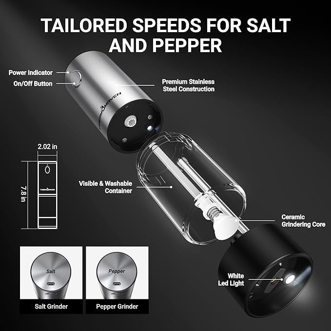 ThermoMaven Upgraded Larger Capacity Electric Salt and Pepper Grinder Set, 110ml Rechargeable Salt and Pepper Shaker with LED light, 6 Adjustable Coarseness, Stainless Steel, Black & Silver