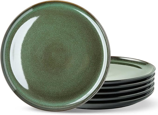 LERATIO Ceramic Plates Set of 6, 8.5 Inch Reactive Glaze Light Weight Porcelain Salad Plates,Modern Shape Dinnerware Dishes Set for Kitchen,Microwave&Dishwasher&Oven Safe,Resistant-Green
