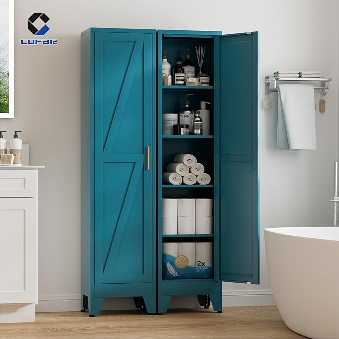 COFaR 67'' Tall Slim Bathroom Storage Cabinet, Metal Narrow Bathroom Cabinet with 4 Adjustable Shelves and One Door, Skinny Cabinet Storage for Kitchen Laundry, Peacock Blue Farmhouse 5 Tiers