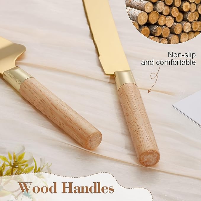Gold Cake Cutting Set for Wedding, Wood Cake Knife and Server Set, Rustic 2-Piece Pie Cutter Serving Set, Serrated Dessert Utensils, Bridal Anniversary Quincea챰era Gift (Oak color)