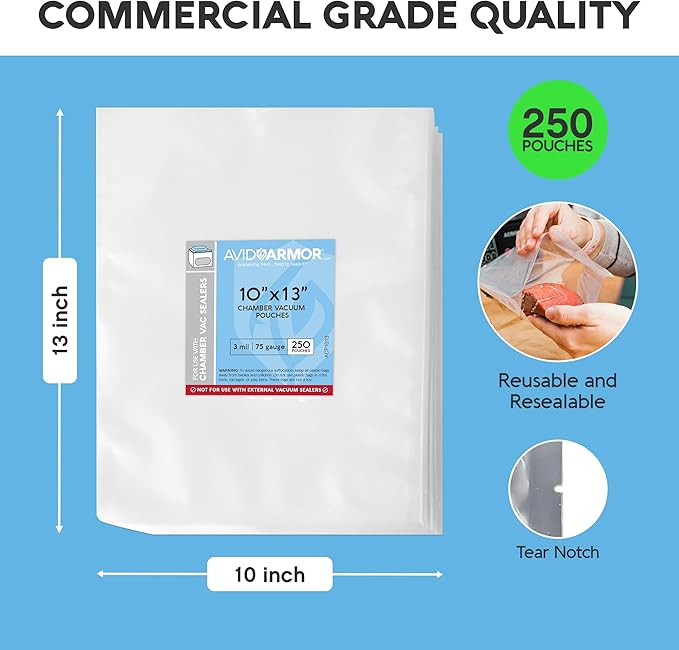 Avid Armor Chamber Vacuum Sealer Bags ??Heavy Duty, BPA-Free, Pre-Cut Chamber Vacuum Bags for Food Preservation, Freezer Storage, Sous Vide and more, 250/Pack (10x13) ??Multi-Use Vacuum Bags