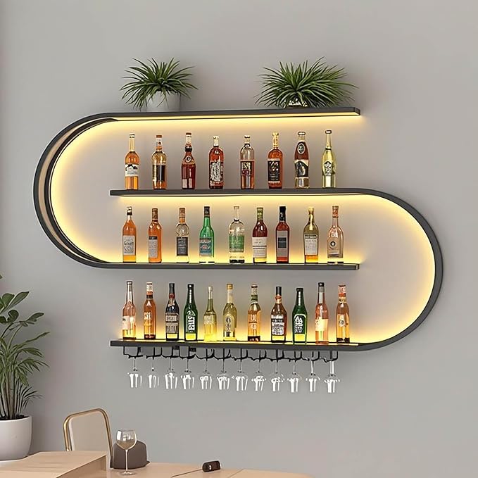 78in Wall Mounted Metal Wine Rack, Floating Wine Bottle Stand 4-Tier, Black Industrial Bar Liquor Bottle Display Shelf,for Home Bar Storage and Display (78in)