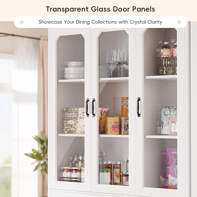 MU 78.7" Tall Kitchen Pantry with 3 Glass Doors, Freestanding China Cabinet with Adjustable Shelves, Large Kitchen Pantry Storage Cabinet Cupboard for Dining Room, Living Room, White (X-Large, 46" W)