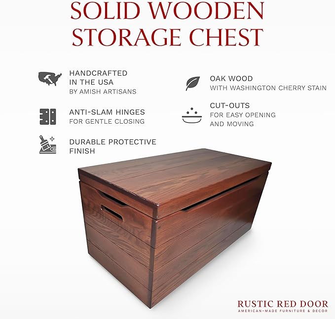 Hope Woodworking Amish Made Wooden Storage Chest Trunk Box with Lid and Handles for Bedroolanket, Clothes, Anti-Slam Hinges, Handmade, Rustic, Oak Wood, Cherry Stain, 42"